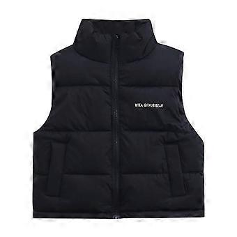 Colete térmico preto sem mangas para crianças – com gola, fecho de zíper, ideal para o inverno, compatível com roupas infantis de outono/inverno.