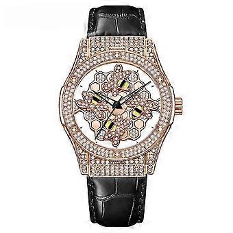 MOKAGO Luxus-Damenuhr in Roségold mit Diamant-Bienen-Zifferblatt – elegantes schwarzes Lederarmband, modische Damenuhr