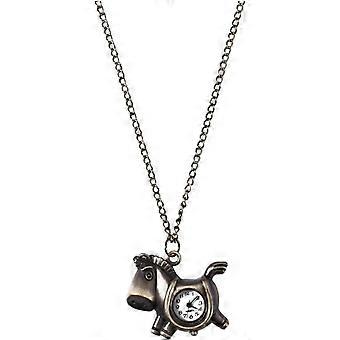 Vintage zakhorloge met paardenmotief en ketting, antiek bronzen hangerhorloge voor dames, retro ketting met ronde wijzerplaat, geschikt voor dagelijks gebruik.