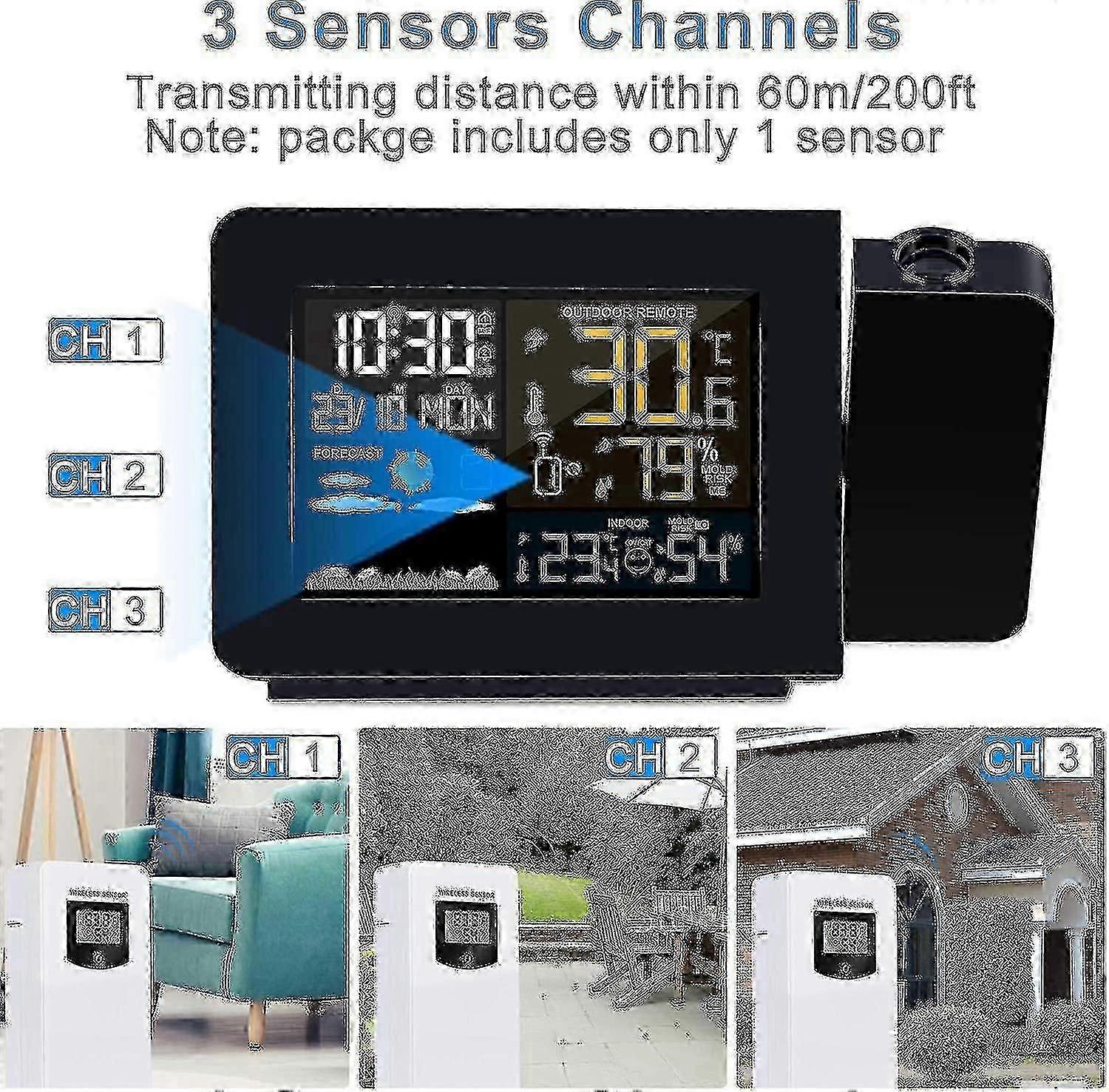 Wireless projection clock for bedroom, dual alarms, LCD time display