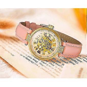 Women Rhinestone Skeleton Watch Automatic Mechanical Stainless Steel Wristwatch with Leather Strap for Ladies 25-26s