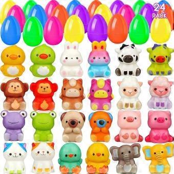 24 Pack Prefilled Easter Eggs with Squishy Animal Toys, Fillable Plastic Egg Basket Stuffers for Kids Girls Boys Toddlers