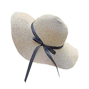 Mujeres plegables Verano Ala ancha Floppy Cinta de paja Lazo Sun Hat Beach Bucket Cap