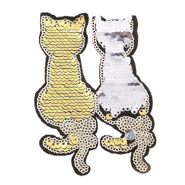 4xReversible Two Cats Sequins Patch Badge Iron on Applique DIY Craft