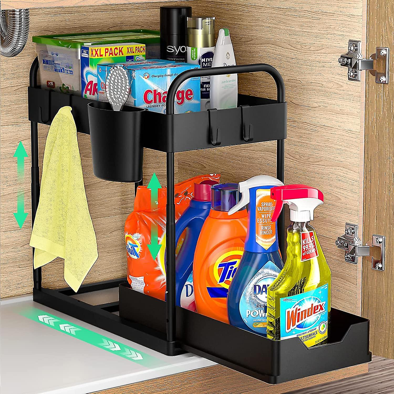 Under Sink Organizers And Storage, 2 Tier Sliding Under Bathroom Cabinet Organizer With 4 Hooks 1 Hanging Cup Multi-use