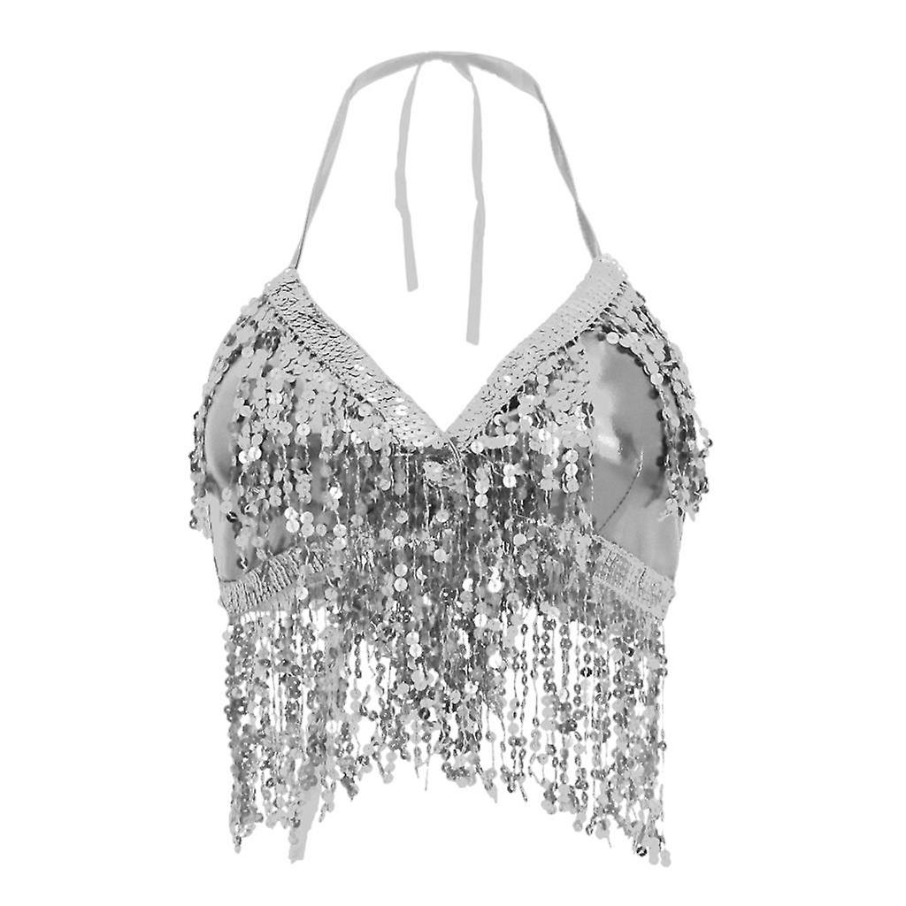 Belly Dance Costume Bra Halter Top Sequin Performance Outfits Silver