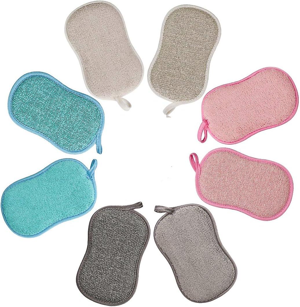 Set of 8 Antibacterial Washable Dish Sponges Reusable Microfiber Sponge Scouring Pads Double Sponge for Non-Stick Frying Pans Pots