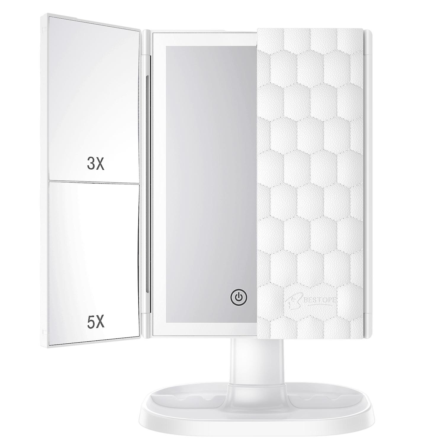 Odm Leather Pattern 3-Way LED Triple Folded Mirror White