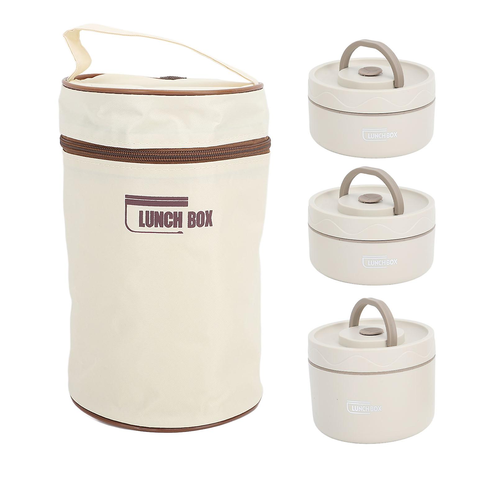 304 Stainless Steel Insulated Lunch Box, Multifunctional Portable Round Lunch Box with Cooler Bag, Beige, 3 Pieces