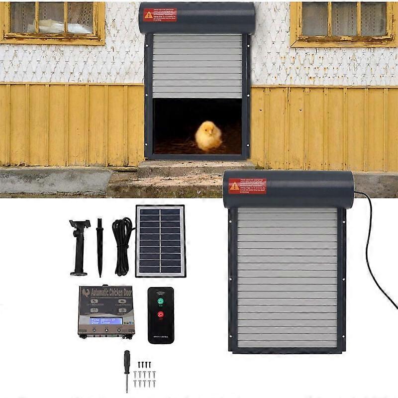 Solar Powered Automatic Chicken Coop Door Opener with Timer Light Sensor Chicken Coop Door with Remote Control for Chicken Duck Gray