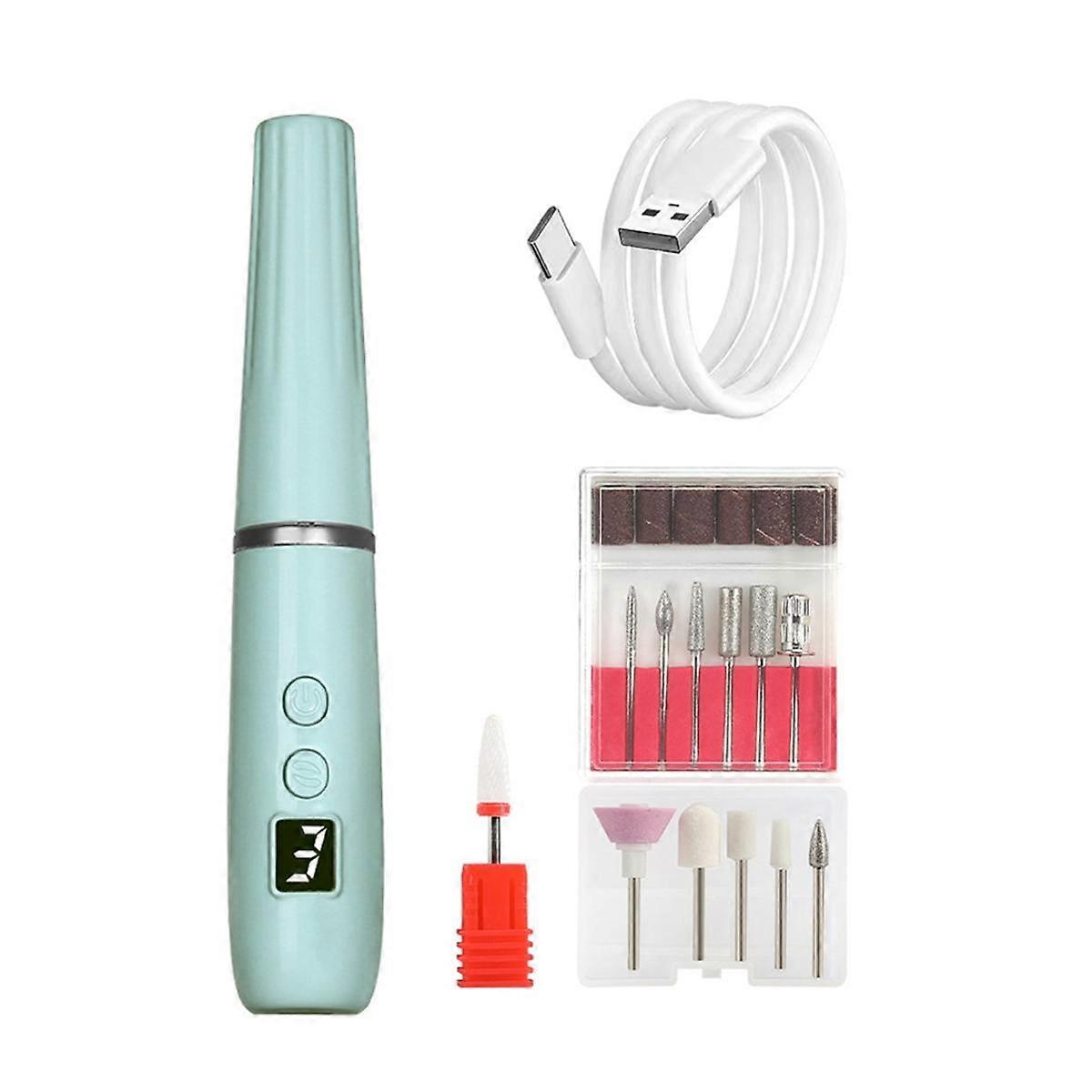 Portable Electric Nail File, Cordless Nail Drill with Light for Acrylic, Gel Nails, Personal Polish Manicure Green