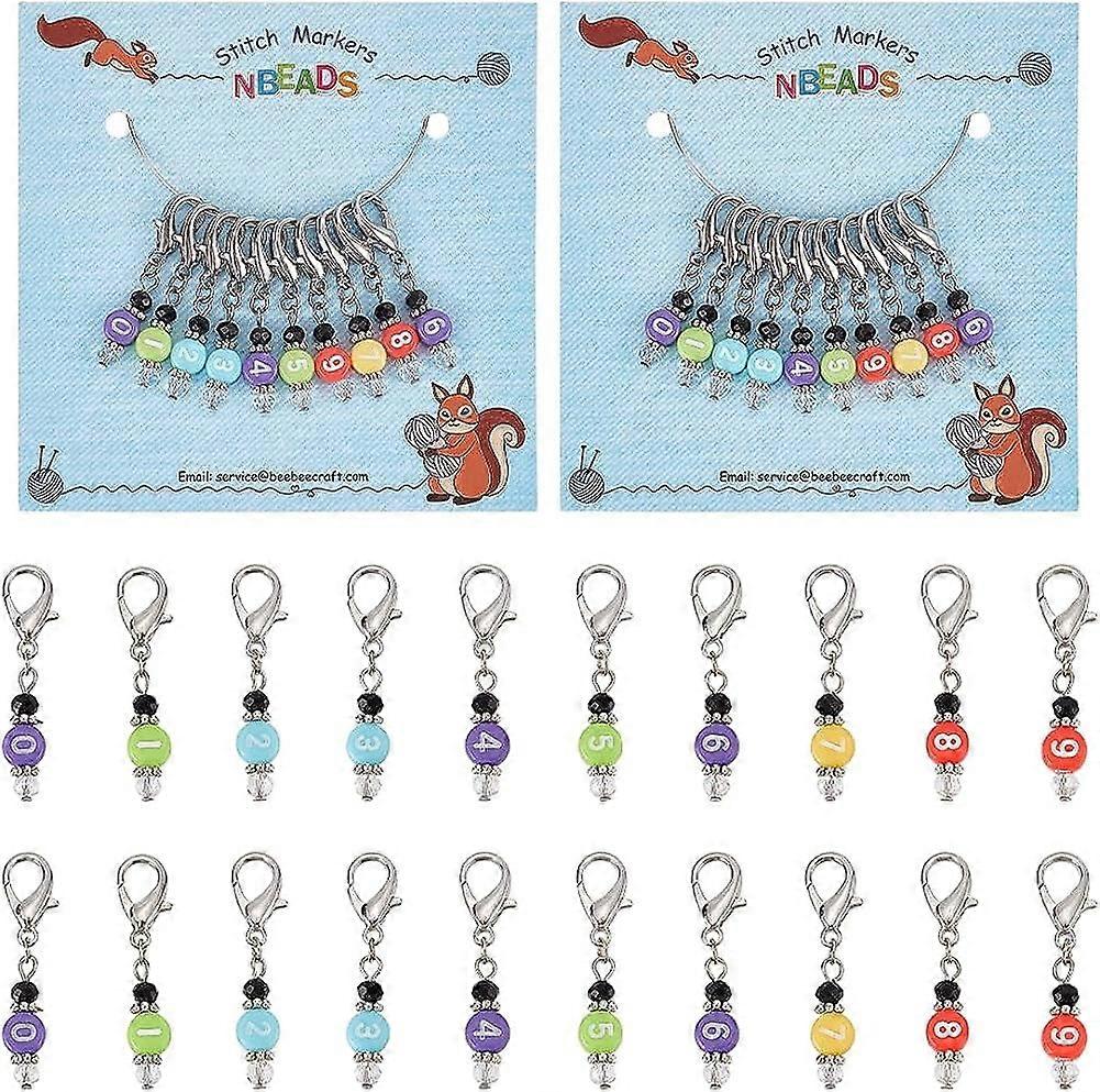 20 Pcs Acrylic Number Stitch Markers Glass Beaded Pendant Crochet Stitch Marker Charms Lobster Claw Clasps Locking Stitch Marker for Knitting Weaving