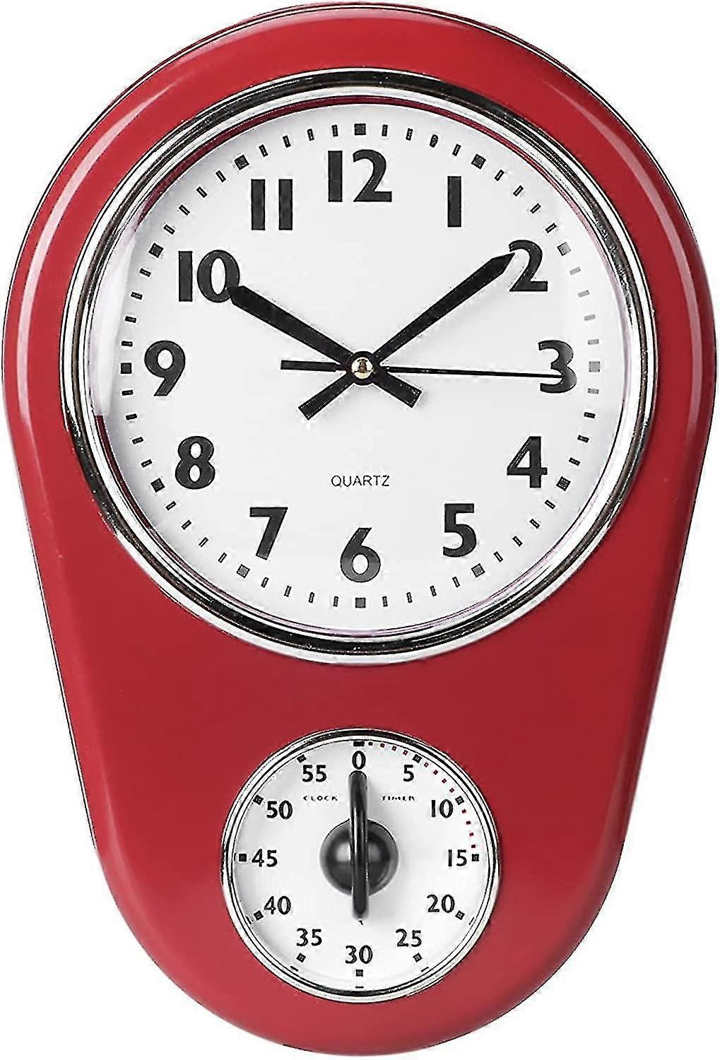 Retro Kitchen Timer Wall Clock, Red Vintage Silent Home Timer