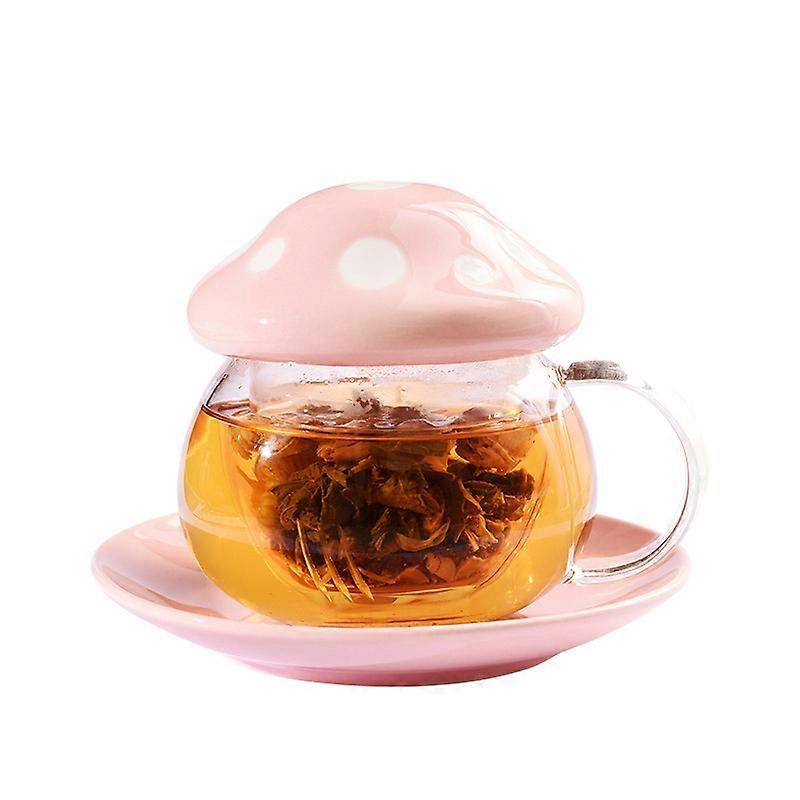 290ML Mushroom Glass Tea Cup with Infuser with Strainer Filter, Ceramic Lid and Coaster for Home and Office Use