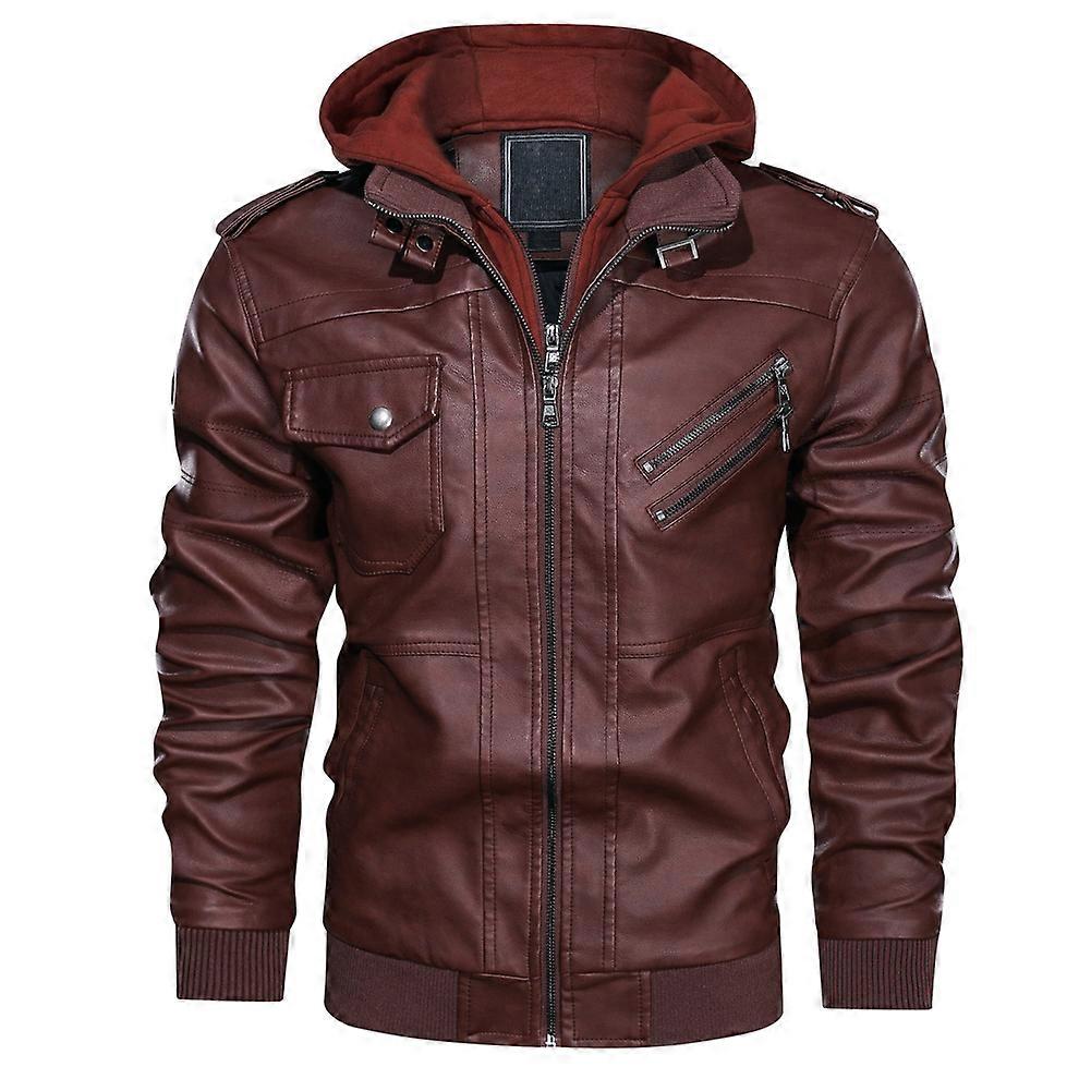 Men Outwear PU Leather Jackets Coat Zipper Detachable Hat with Pockets for Autumn