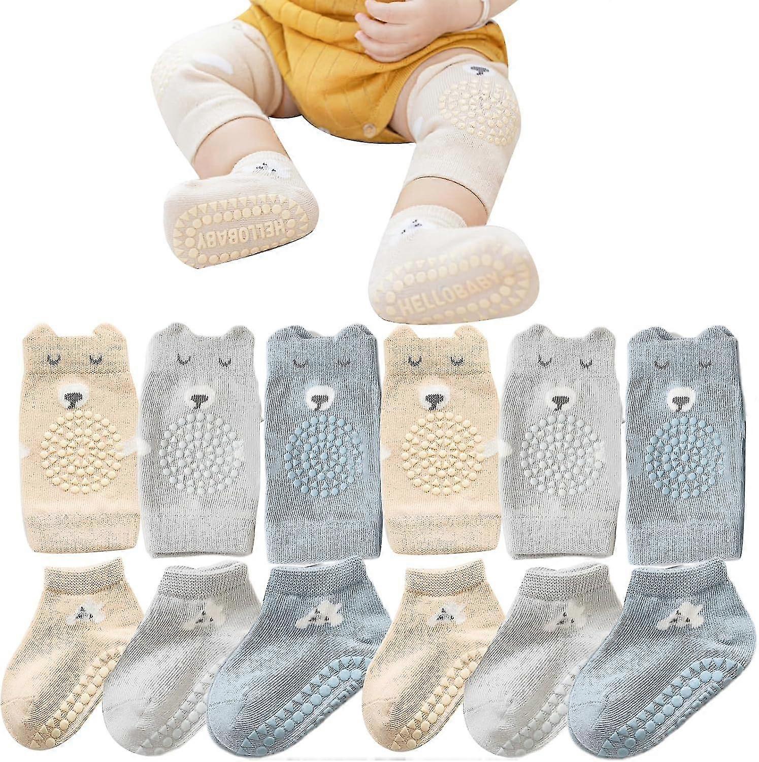 Unisex Dítě Plazení Protiskluzové Chrániče Kolen A Ponožky Set, Zachraňte Batole Chlapec Dívka 3-9-18 Měsíců Koleno A Kotník