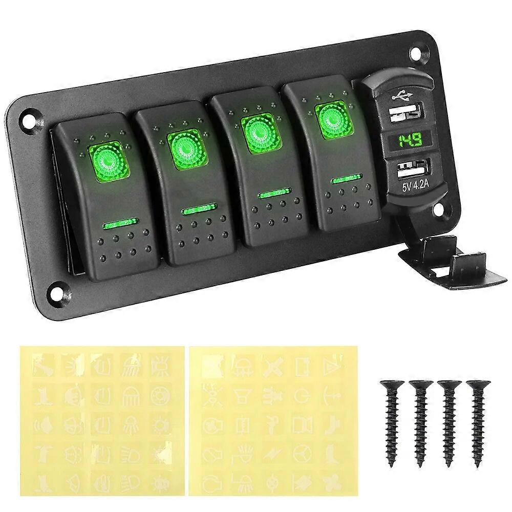 Dual USB Port 4 Gang Toggle Rocker Switch LED Switch Panel + Stiker untuk Mobil Marine Digital Voltmeter 12V/24V
