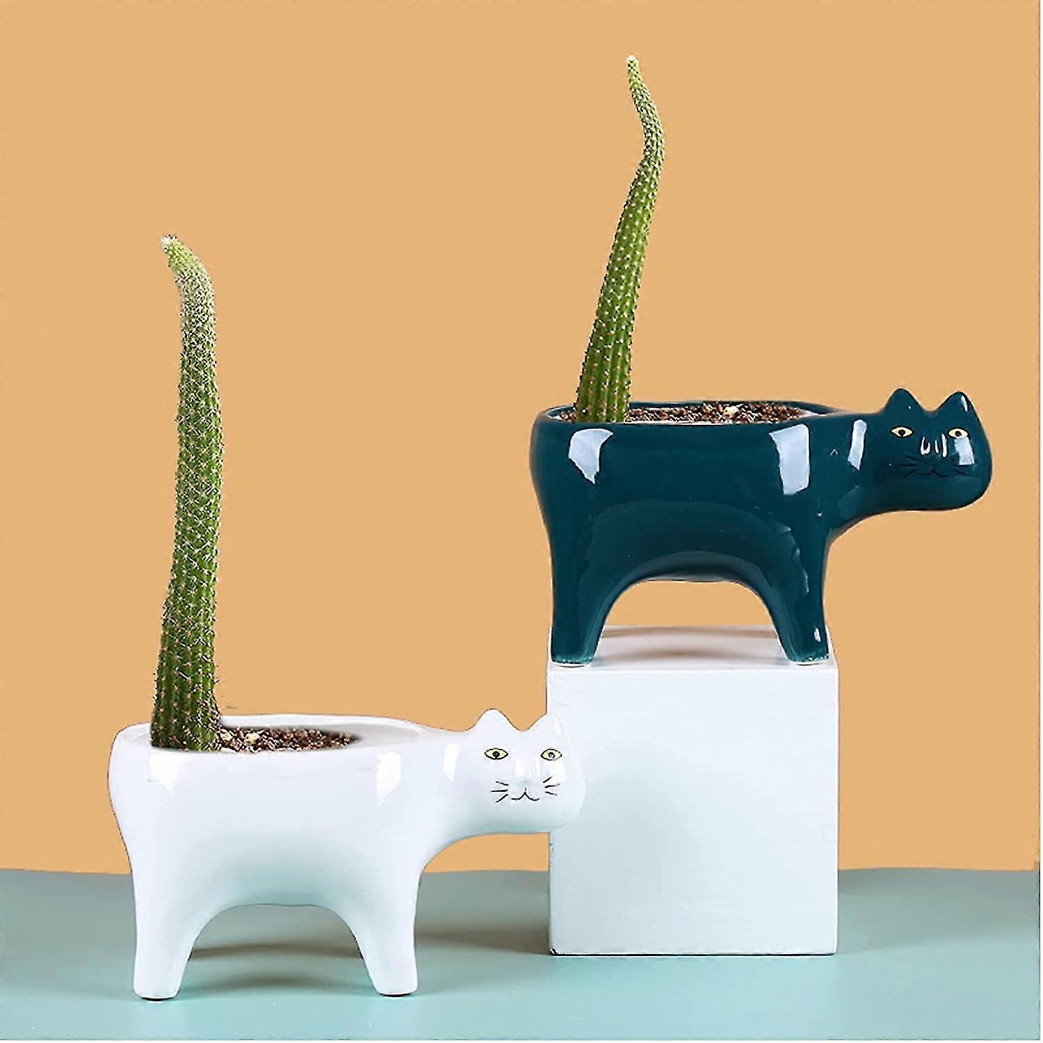Succulent Plants Pots Of 2 Colors Ceramic Cat, Decorative Ceramic Flower Planter Pot With Drainage