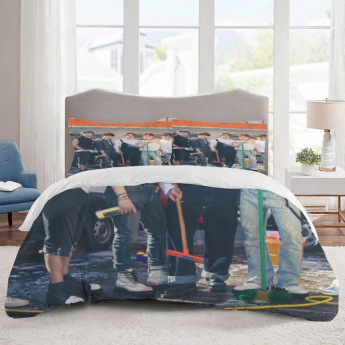 v1650 Lakan Sängkläder BTS Sängkläder Tecknad påslakan Lätt 3-delad Bet Sets för barn Pojkar Flickor (1 påslakan och 2 örngott) Säng