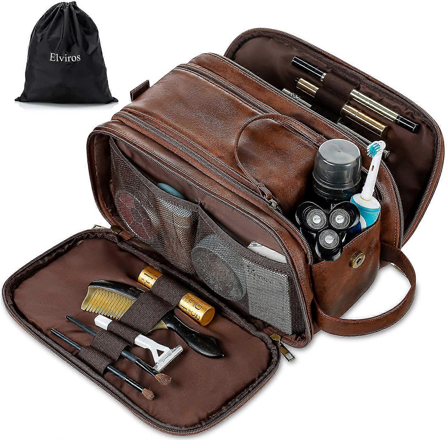 Water-resistant Leather Toiletry Bag For Men Large Travel Wash Bag