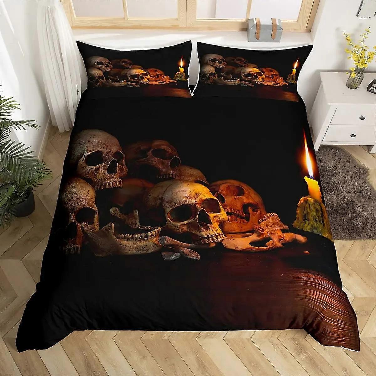 y1170 Lençóis Capa de Edredão de Caveira Conjunto de Cama de Coroa de Ouro, Crânio de Halloween Impresso em 3D com Dois Conjunto de Capa de Colcha de Beleza, Lençol de Capa de Edredom de Coroa