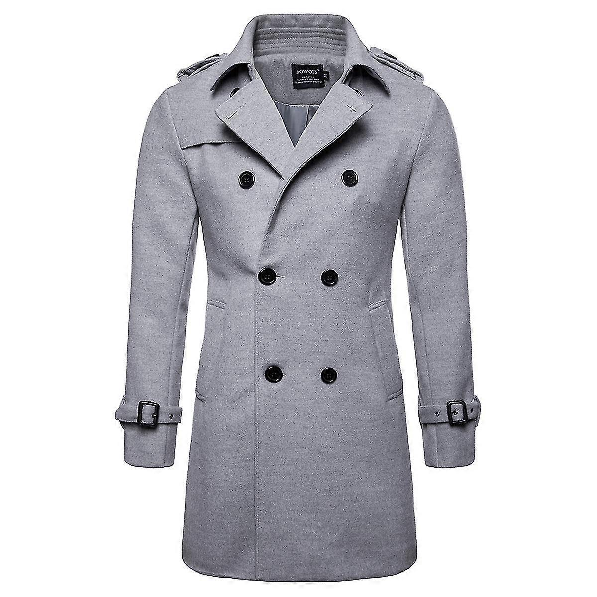 VAWAN Mens Wool Mid-Length Belted Lapel Solid Overcoat