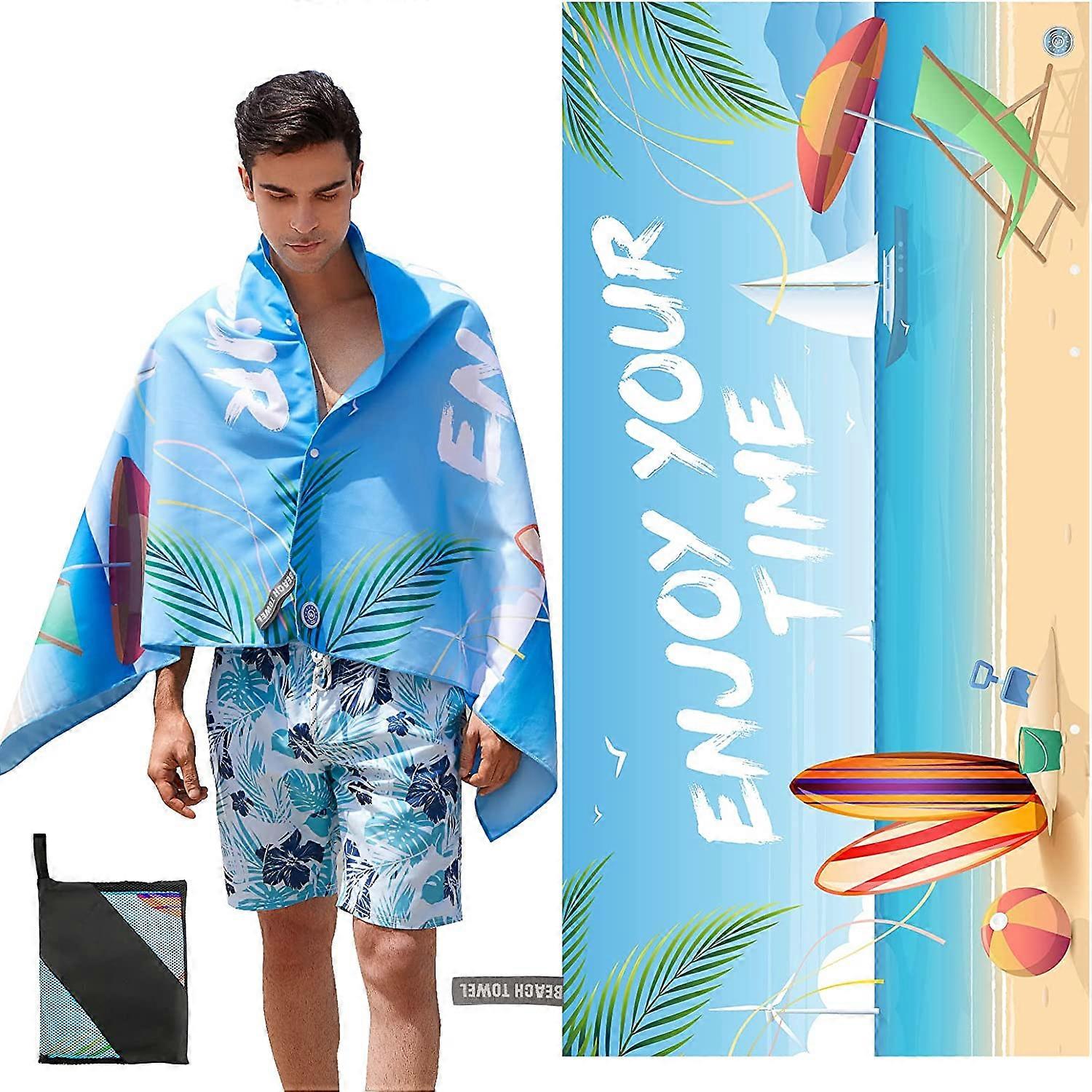 Beach Towel with UV Labels, Beach Mat, Microfiber Material, Sand-Free, Suitable Size (16080cm), Quick Dry, Elastic Rope Design, Storage Bag, Blue