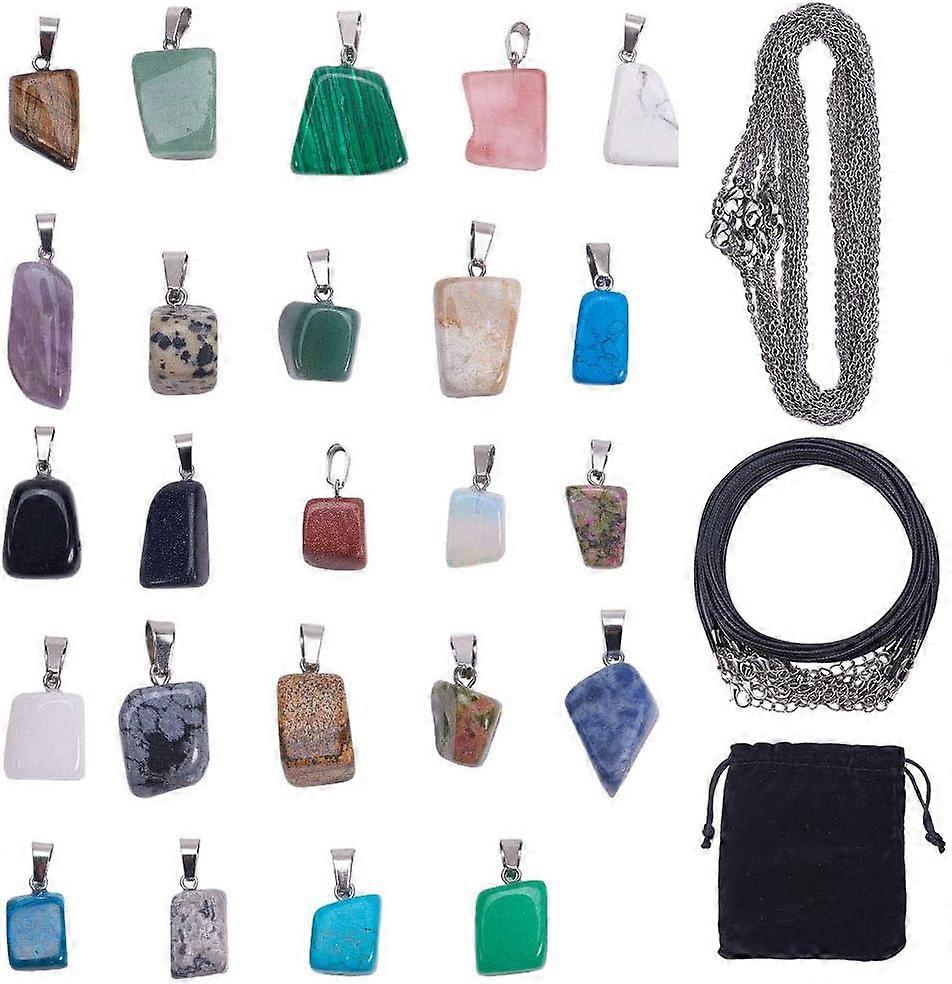 48Pcs Irregular Shape Gemstone Chakra Beads Pendants Kit 24Pcs Crystal Stone Charms & 12pcs Imitation Leather Cord Necklace & 12pcs Cross Chains for N