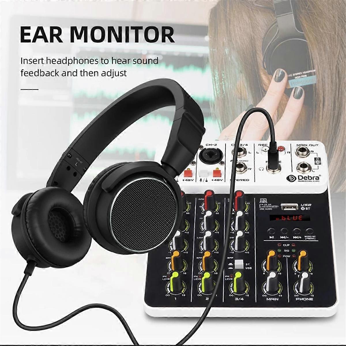 V4 Audio Interface Mixing Console Bluetooth USB Record PC 48V Phantom Power Delay 4 Channels USB Audio Mixer EU Plug
