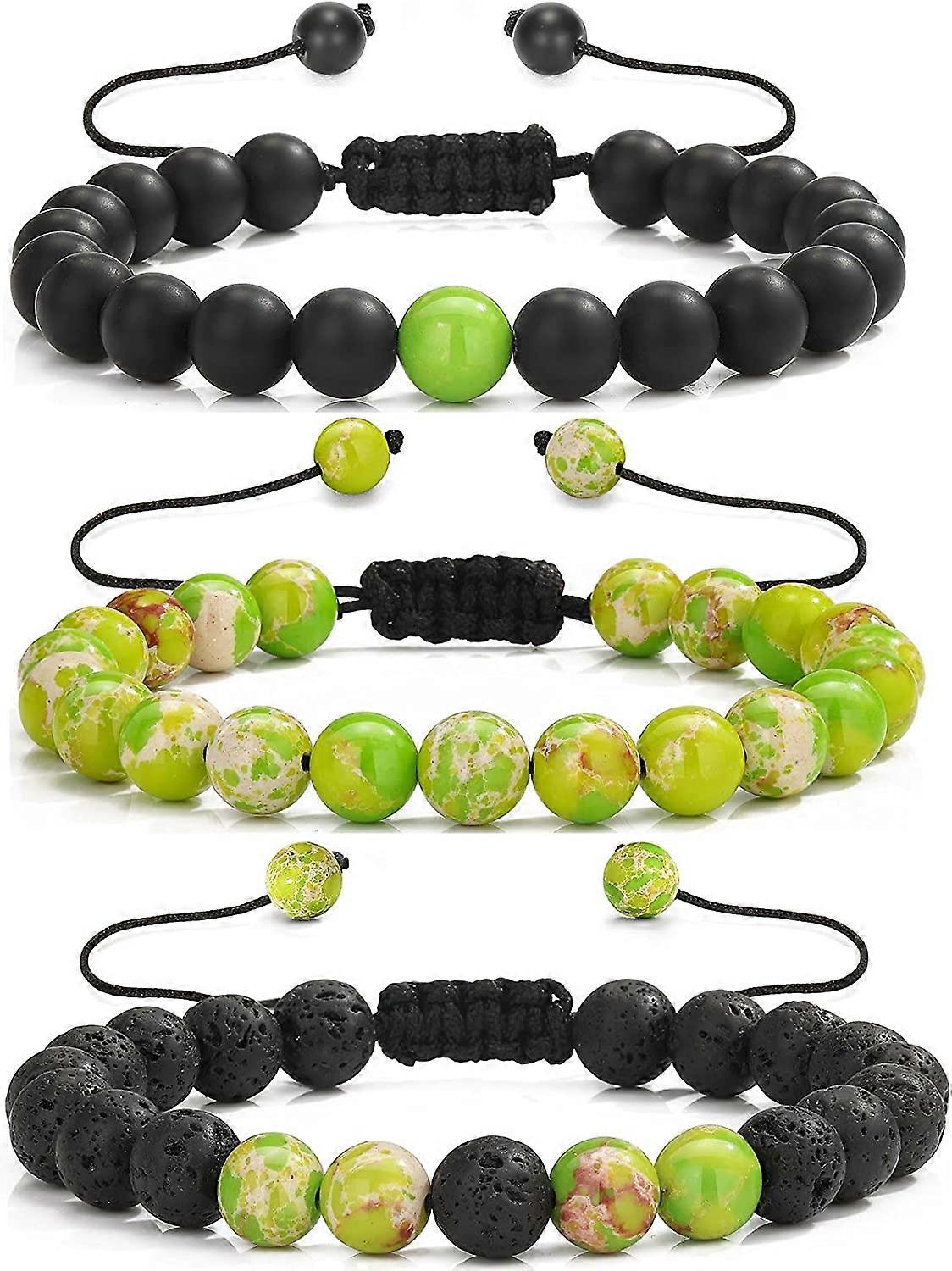MengPa Mens Lava Rock Bead Bracelets Set - 3 Pack Anxiety Relief Stone Beaded Bracelet With Essential Oil