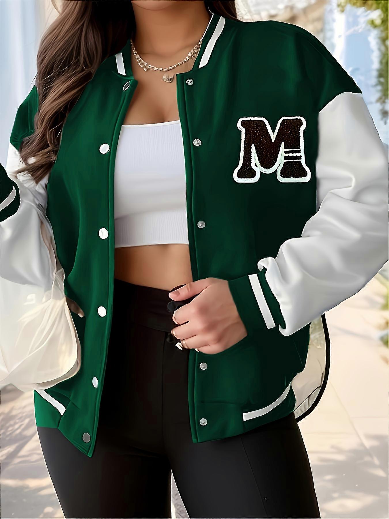 New style Plus Size Casual Coat, Women's Plus Letter Patched Striped Trim Drop Shoulder Bomber Jacket
