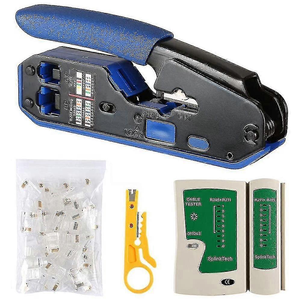 Network Cable Tester Rj45 Crimp Tool Kit, 50pcs Rj45 Connector Plug