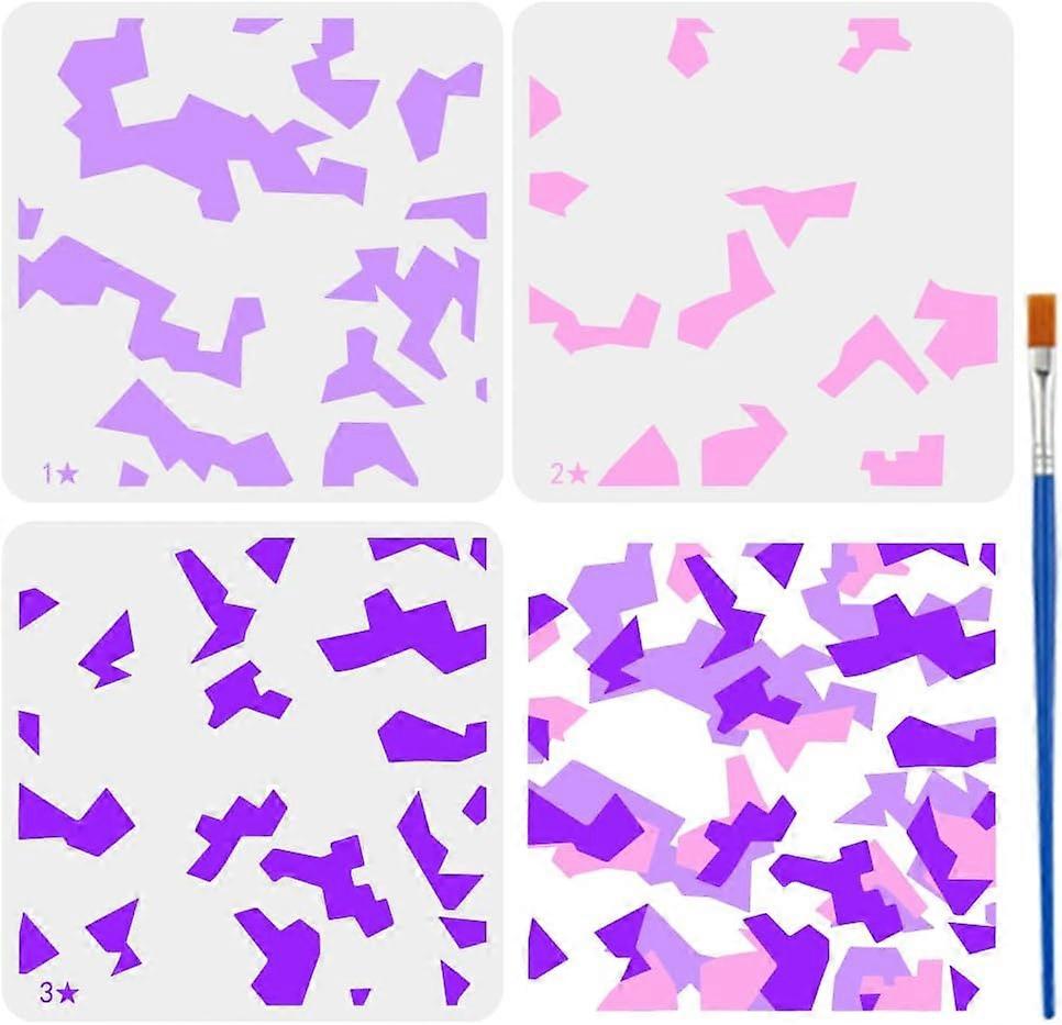 3 Pcs Layered Camouflage Stencil with A Paint Brush 11.8x11.8inch Irregular Geometric Blocks Pattern Painting Template Camo Theme Stencil for Painting