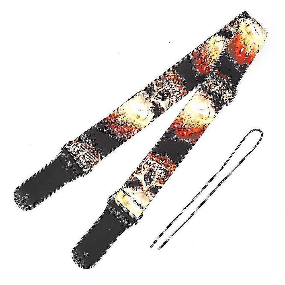 Leather Shoulder Strap Guitar Parts Flame‑Skull‑Pattern Print‑Type Adjustable Length