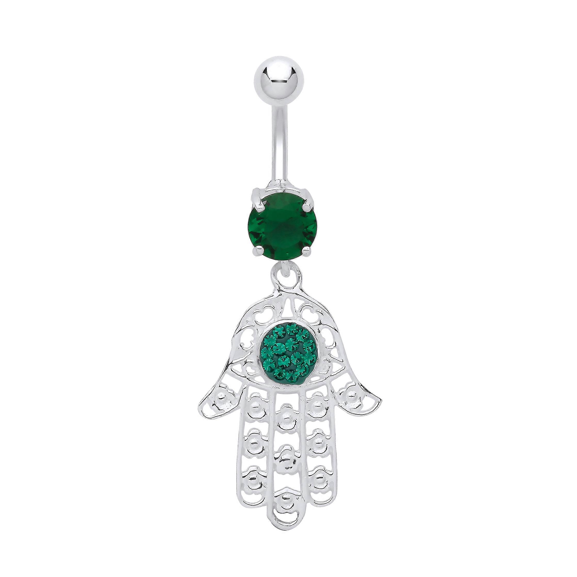 Jewelco London 女士纯银绿色水晶 CZ Hamsa 5 手单龙,带不锈钢肚杆和球