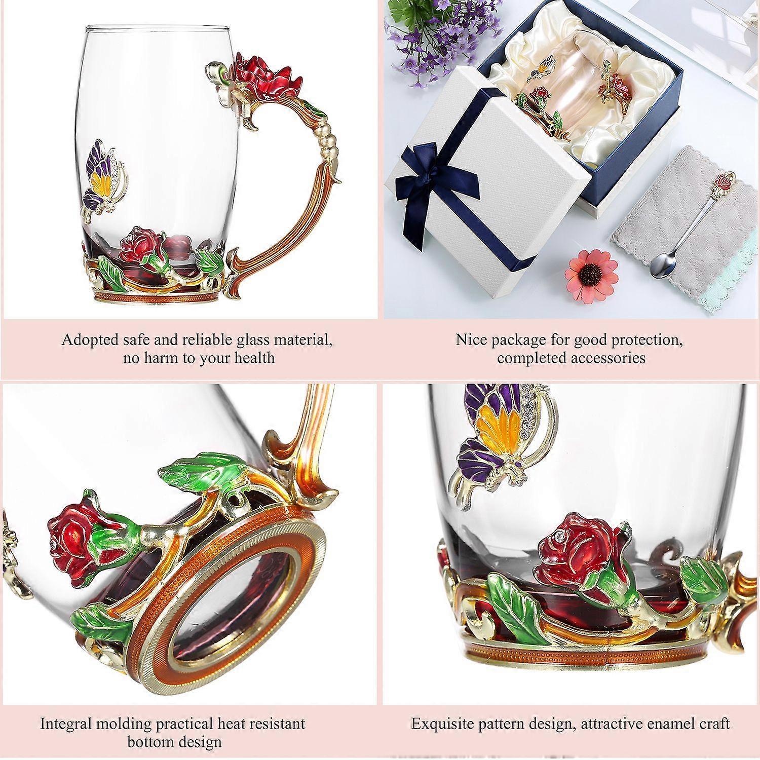 Red Rose Enamel Craft Water Cup Drink Mug with Handle Design Tea Coffee Cup with Spoon Cleaning Cloth Set 350ML