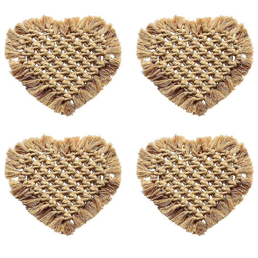 Rattan Macrame Boho Coasters | Bohemian Set of 4 Table Decor Cute Coaster Woven with Flat Absorbent