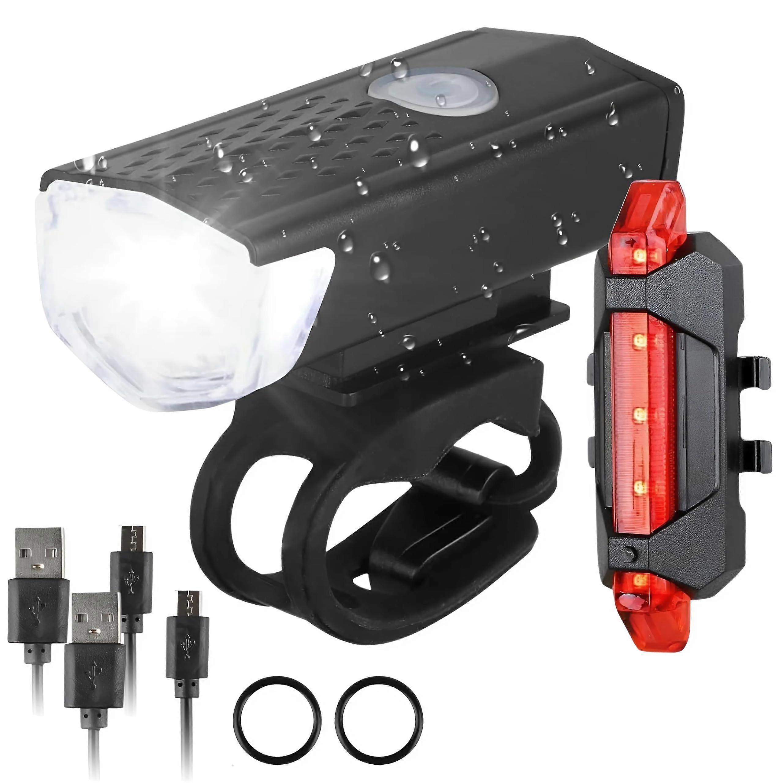 USB Rechargeable LED Bike Headlight and Tail Light Set, Waterproof Front and Rear Lamps for Bicycles, Compact and Durable