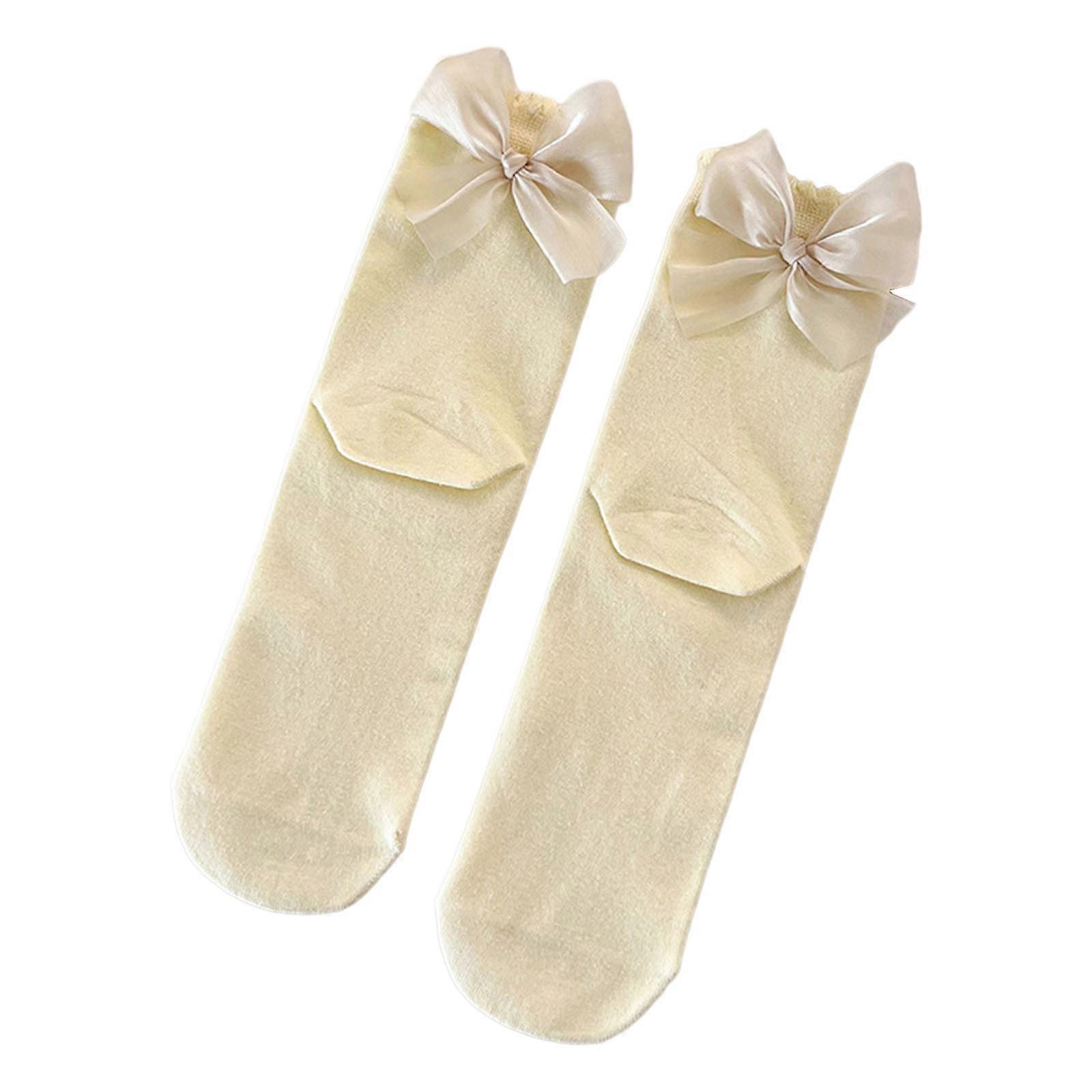 Chaussettes décontractées en coton pour femmes, couleur unie, style princesse japonaise JK, avec ruban, nœud papillon, volants, tube central, jaune, taille unique