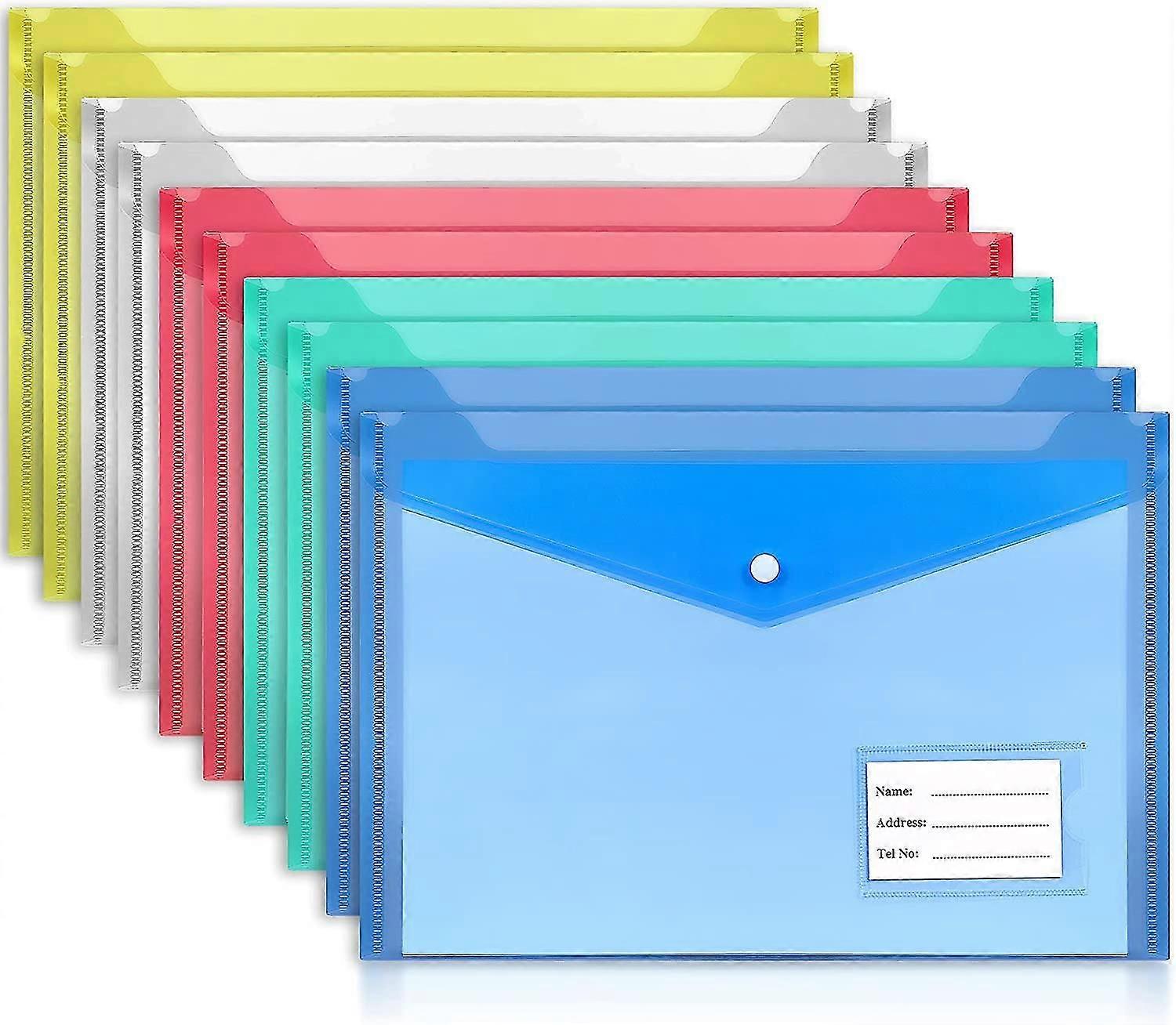 Pack Of 10 Plastic Wallets A4 - Plastic Folders A4 Of Size 33.5 X 23.5cm For Paperwork With 5 Distinct Color With Label Pocket And Snap Button - Docum