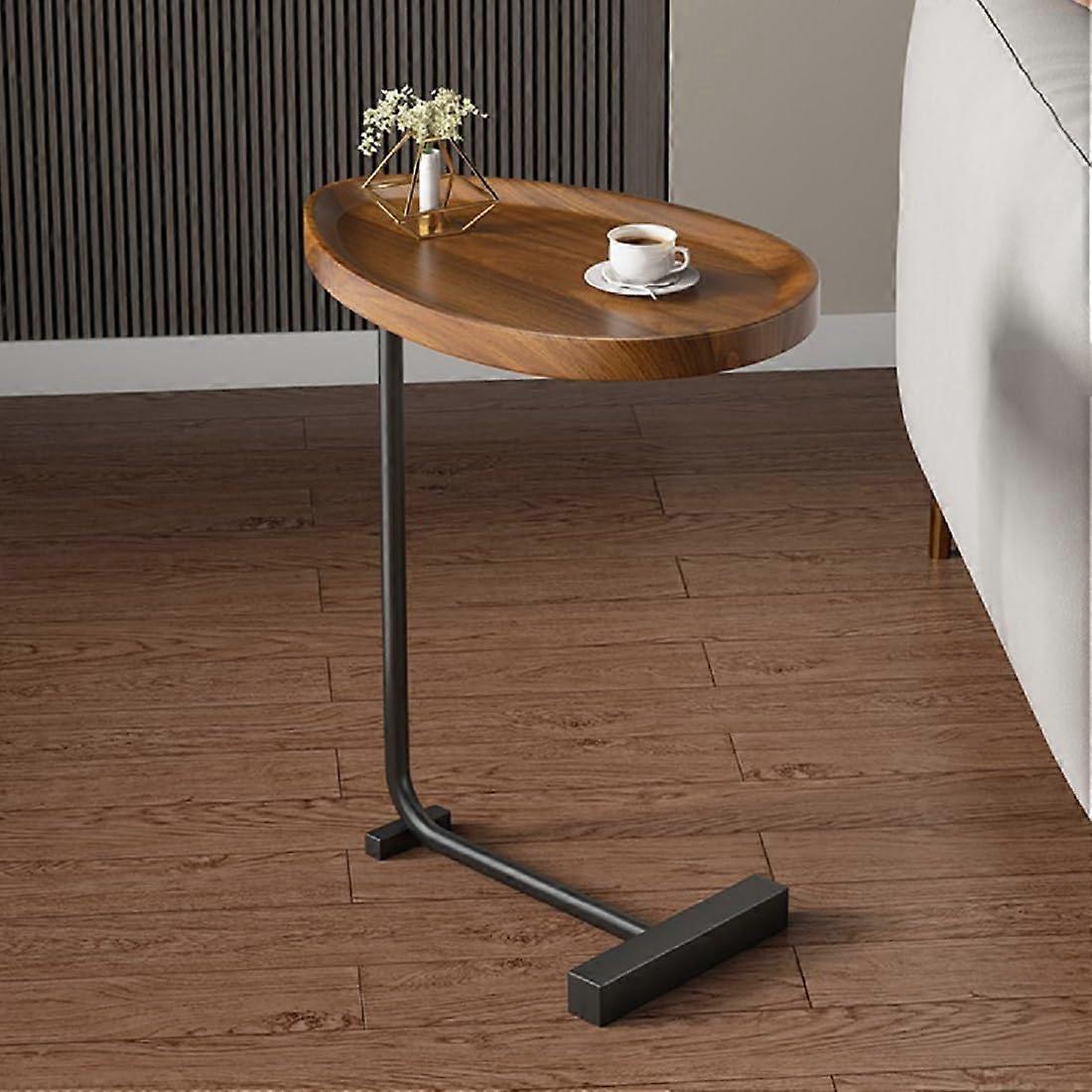 C Shaped Side Table Walnut Wood End Table for Sofa Couch, Small Coffee and Snack Table for Living Room and Bedroom