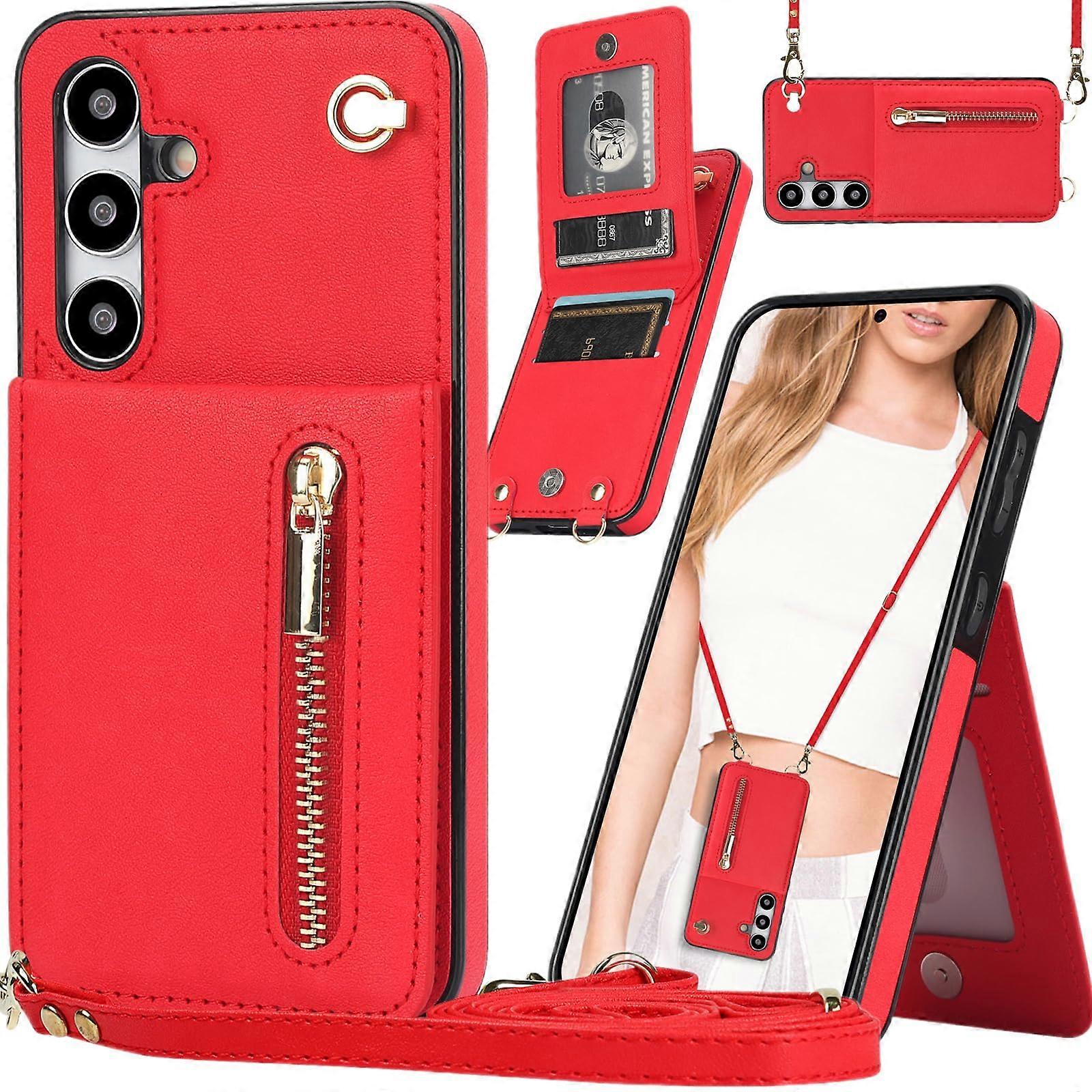 Crossbody Wallet Case for Samsung Galaxy S24FE with Card Holder,  Leather ZP Red