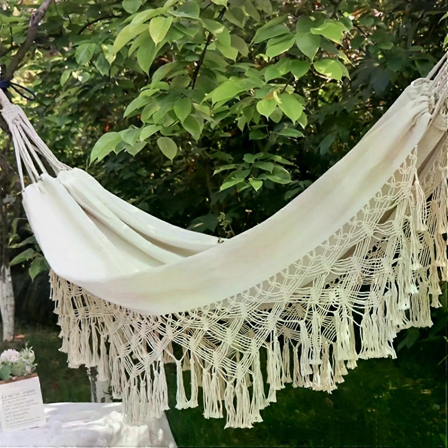 Stylish Nordic-Inspired Bohemian Canvas Hammock Hanging Chair - Soft Cotton Rope Woven, Decorative Tassel Swing for Yard or Pati
