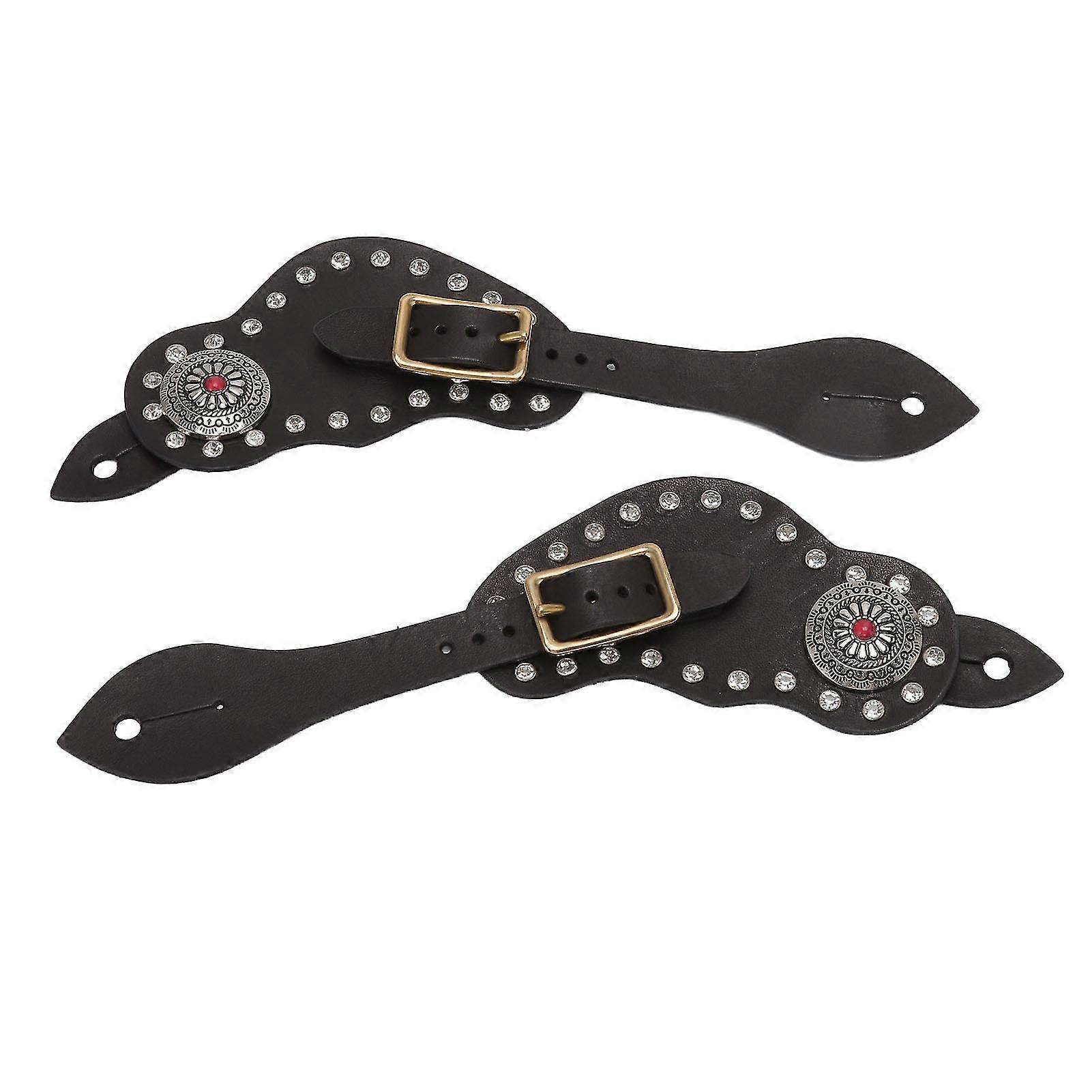 1Pair Western Vintage Leather Rhinestone Spur Strap Horse Riding Protective Equipment Black
