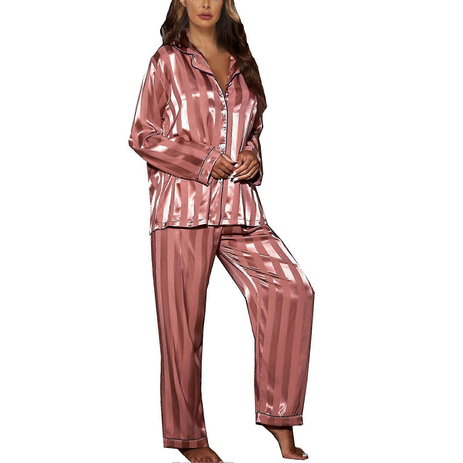 Long Sleeve Pajama Set Button with Chest Pocket Turn Down Collar Stripe 2 Pieces Sleepwear Set