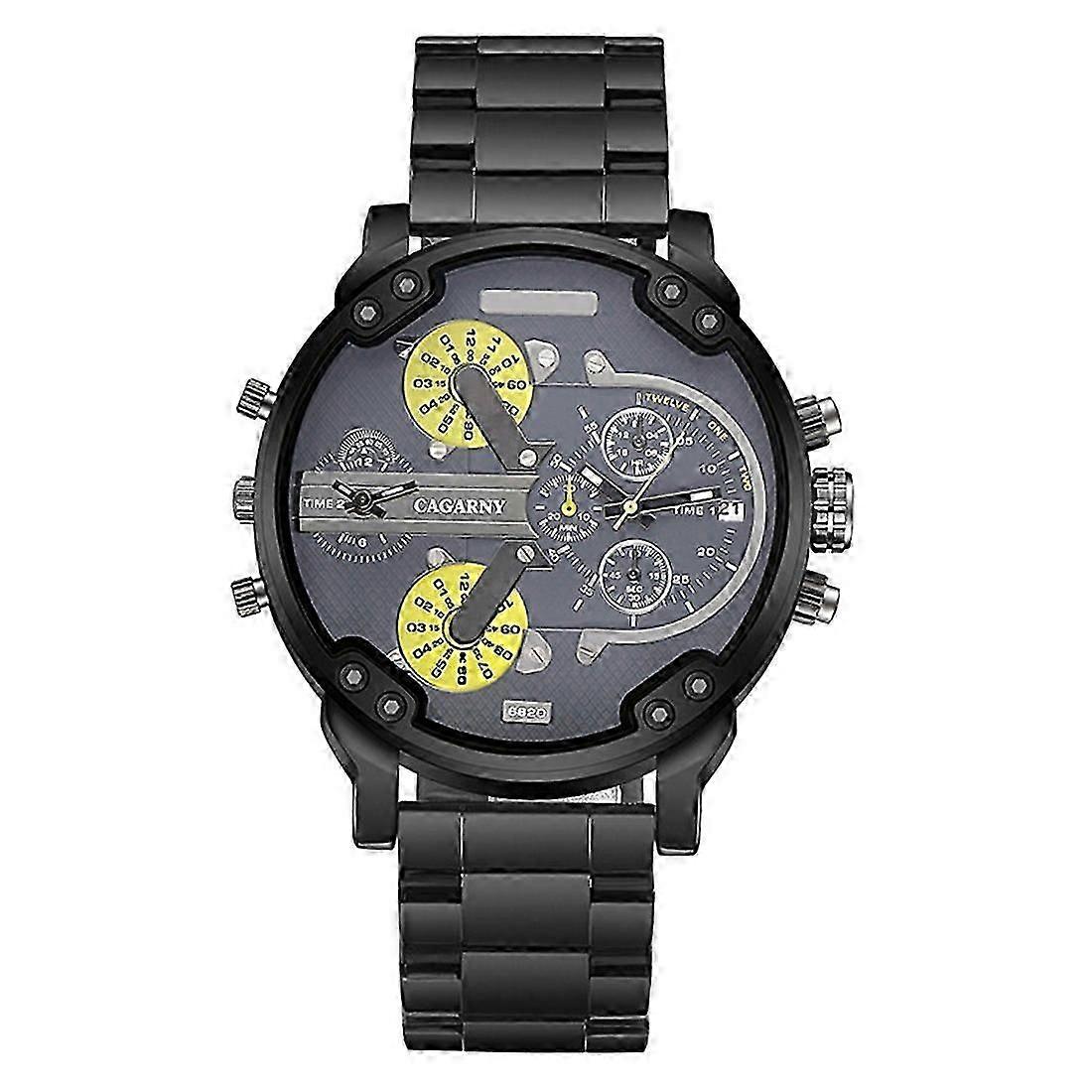 CAGARNY 6820 Fashionable Business Style Large Dial Dual Time Zone Quartz Movement Wrist Watch with Stainless Steel Band & Calendar Function for Men