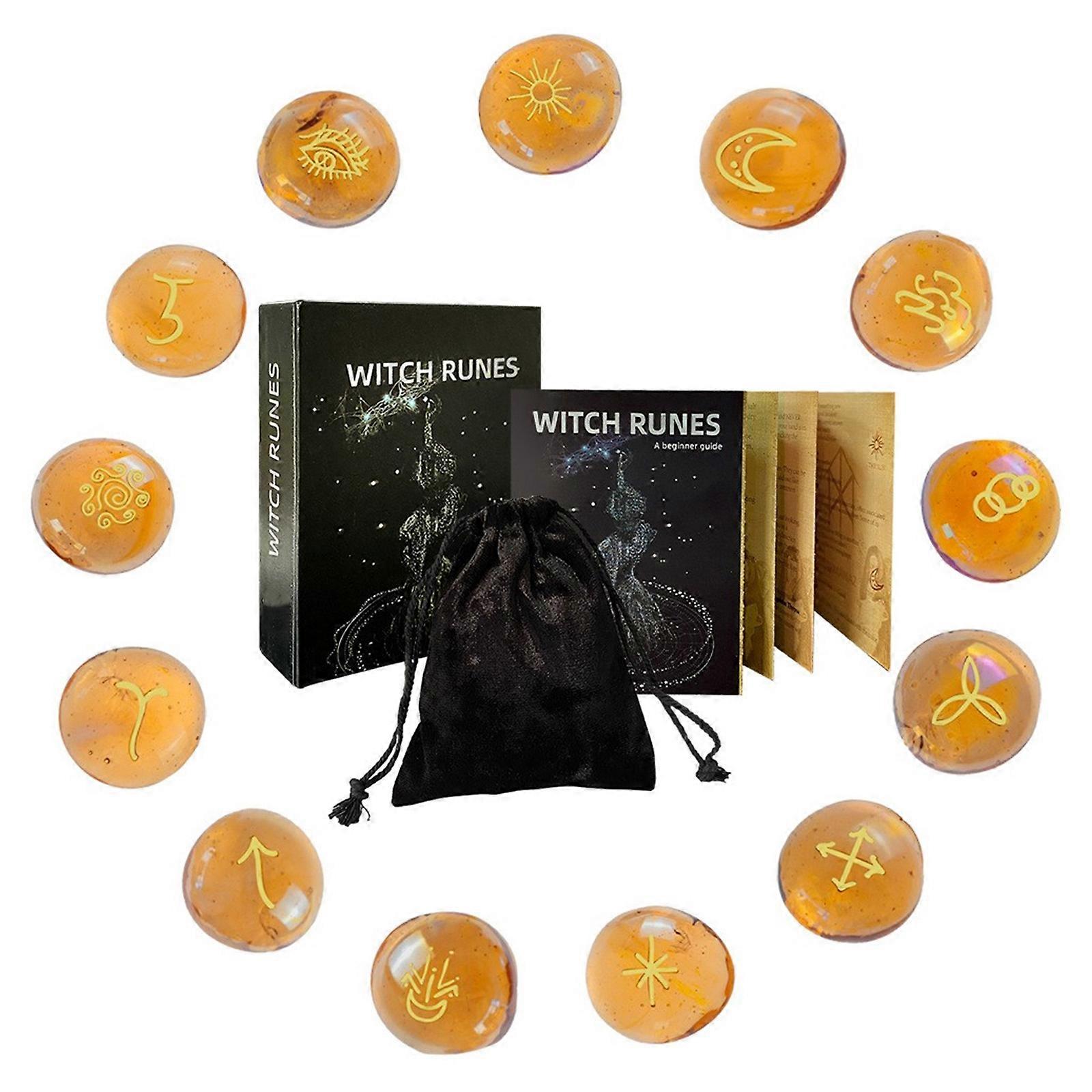 13Pcs Glass Runes Stone with Instruction and Velvets Pouch Irregular Divination Runes Stone Metaphysical Heal Runes