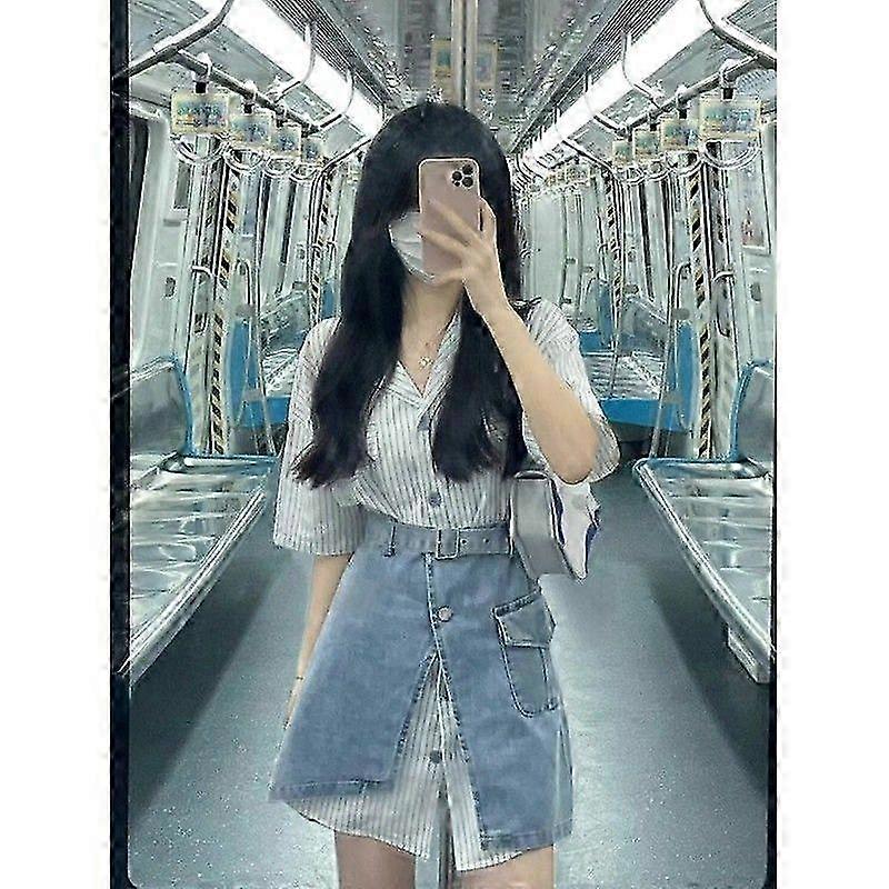 2025 אופנתי מסוגנן חליפה נשים של קיץ פסים חולצה עם שרוולים קצרים + ג'ינס מותן חצאית סט שני חלקים