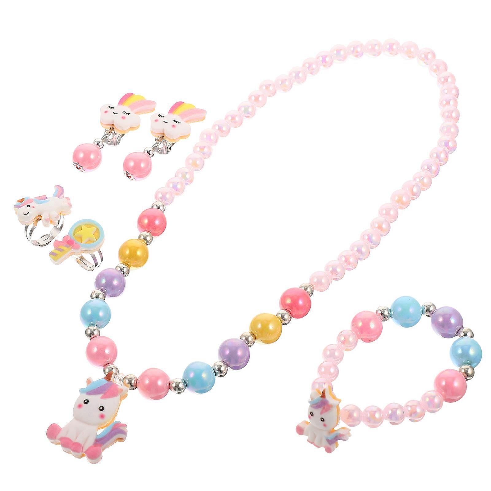Cartoon Unicorn Jewelry Set with Pearls Comfortable Skin Friendly Necklace and Bracelet Kit for Birthday Gifts and Dress Up Parties