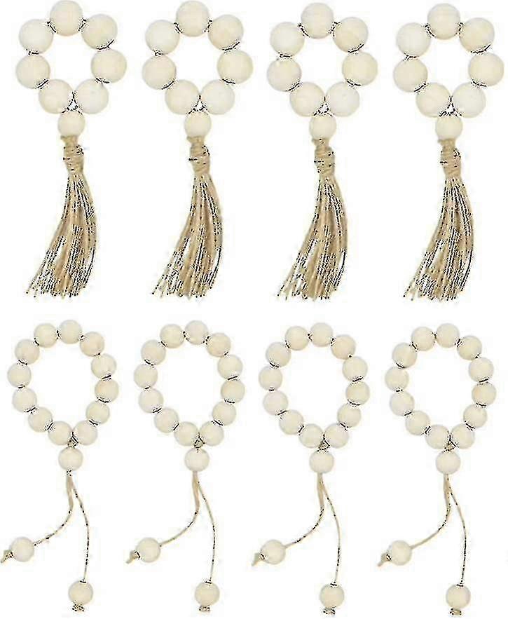 Rustic Wooden Bead Garland with Tassels for Home Decor, Set of 8 Farmhouse Style Beads, Perfect for Decorating Your Space